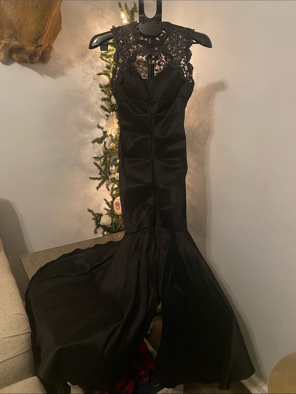 Xscape Black Lace-Accented Mermaid Gown
